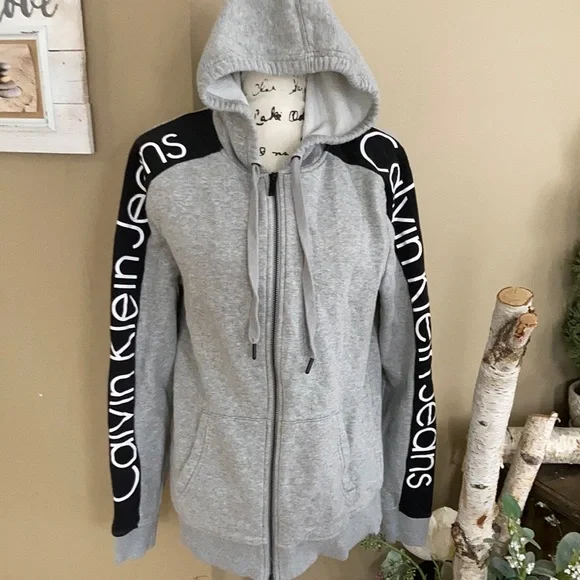 Gray and black hoodie Calvin Klein woman’s M zip up - Picture 3 of 10